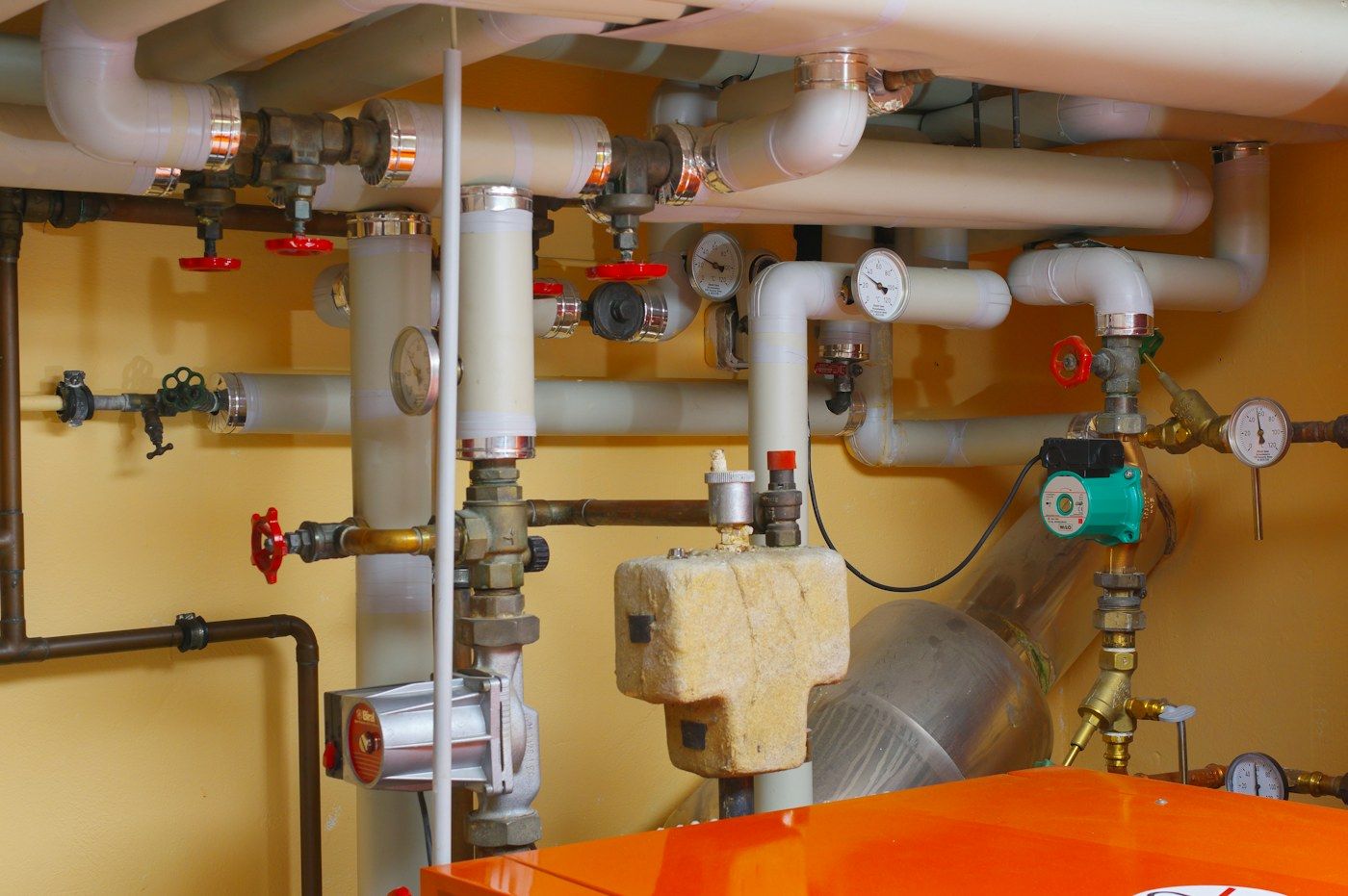Plant room pipework, pumps and valves